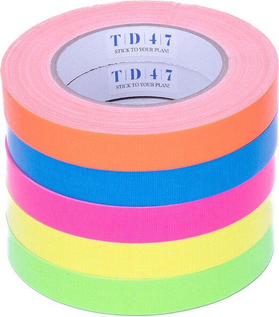 Stapel van 6 rollen felgekleurd plakband: roze, oranje, blauw, roze, geel, groen.