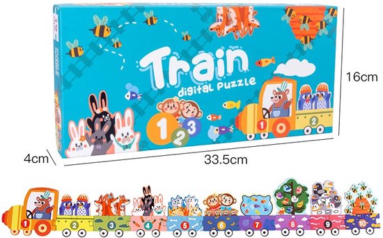 Afmetingen 33.5cm x 16cm x 4cm. Puzzel van een lange trein met diverse dieren, genummerd van 1 tot 10.