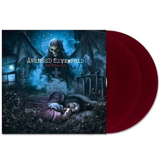 Double album vinyle LP d'Avenged Sevenfold Nightmare, avec une scène de cimetière et un vinyle violet.