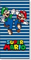 Super Mario et Luigi se donnent une high five sur une serviette de plage rayée bleue.