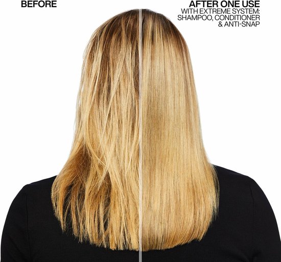 Voor en na foto van geblondeerd haar. De linkerhelft toont beschadigd, pluizig haar. De rechterhelft toont glad, gezond haar na gebruik van Redken Extreme System.