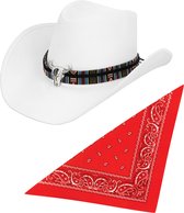 Carnaval verkleedset luxe model cowboyhoed Rodeo - wit - en rode hals zakdoek - voor volwassenen
