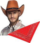 Carnaval verkleedset cowboyhoed El Paso - bruin - met rode hals zakdoek - voor volwassenen