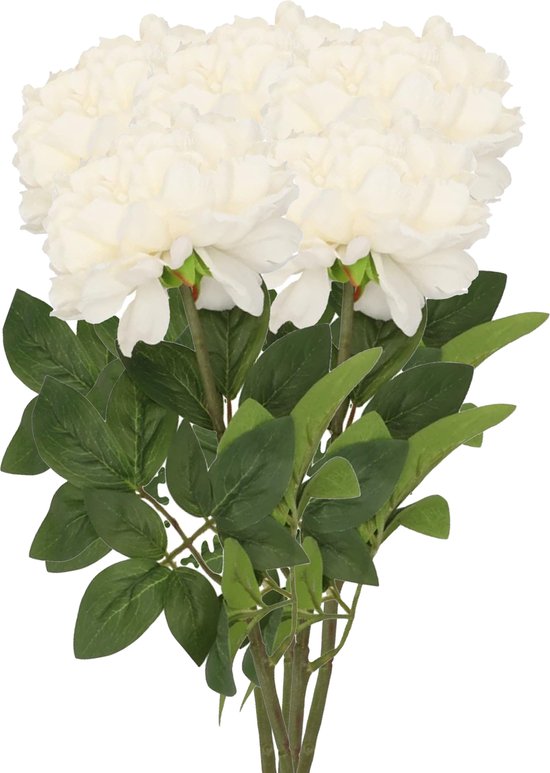 DK Design Kunstbloem pioenroos - 5x - creme - zijde - 71 cm - kunststof steel - decoratie bloemen