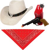 Carnaval verkleedset luxe model cowboyhoed Rodeo - creme wit - hals zakdoek/revolver - voor volwassen