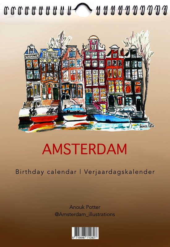 Foto: Verjaardagskalender a4 formaat met ringband biotop 300 grams papier amsterdam verjaardagskalender birthday calendar met tekeningen en schilderijen van amsterdam amsterdamse grachtenpanden grachtenpandjes hand getekende ontwerpen