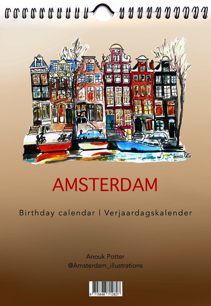 Verjaardagskalender - A4 - Biotop 300 grams papier - Amsterdam Verjaardagskalender - birthday calendar met tekeningen en schilderijen van Amsterdam