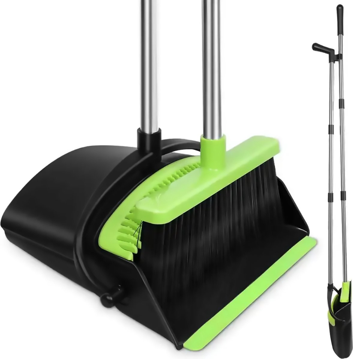 Goedkoopste Goliving Stoffer en Blik met Lange Steel - Verstelbaar 91-127cm - Kamerveger - Ingebouwde Schoonmaaktanden - Zwart met Groen