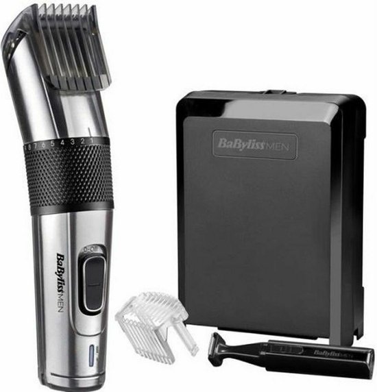 Zilverkleurige BaByliss MEN tondeuse, zwart opbergdoosje, losse opzetkammen en zwarte precisietrimmer.