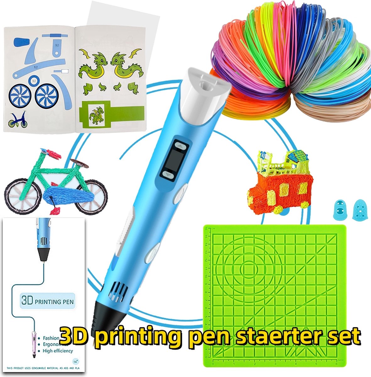 Rainbecom - 3D Pen Starterspakket - 3D Pen Blauw - Inclutief 100 meter Filament PLA 20 Kleuren Vullingen + Tekenmat + Vingerbeschermers + Tekenboek met 40 bladzijden en herbruikbaar overtrekvel + Adapter + Penhouder - 3D Pen Set - voor Kinderen & Vol