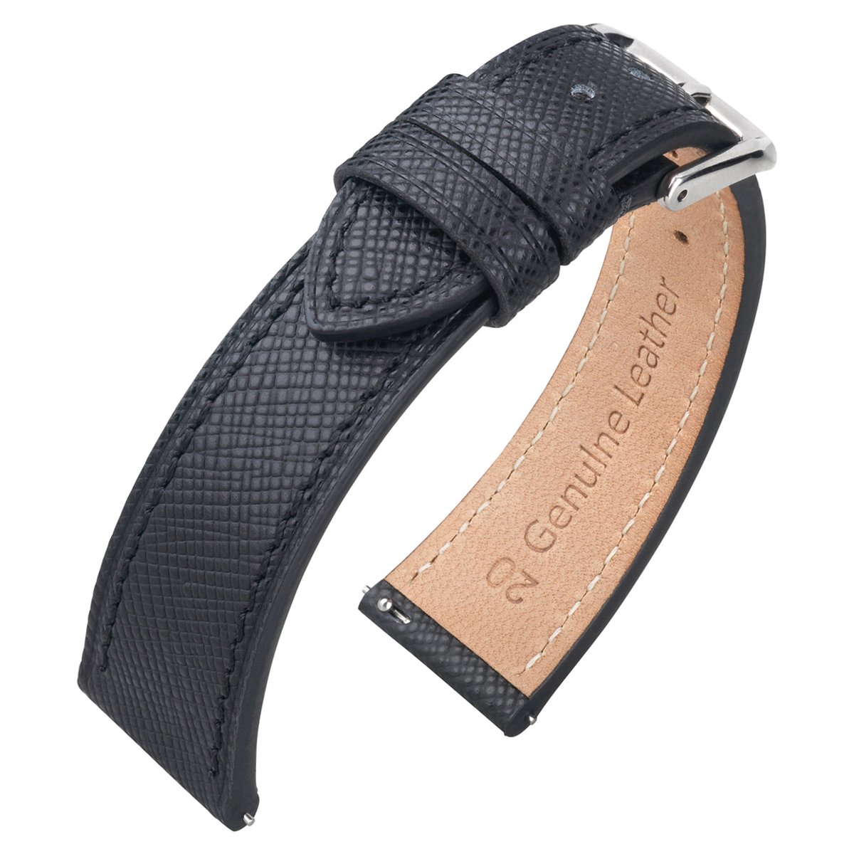 Saffiano Kalfslederen Horlogebandje Zwart - Makkelijk Zelf te Monteren - 20mm