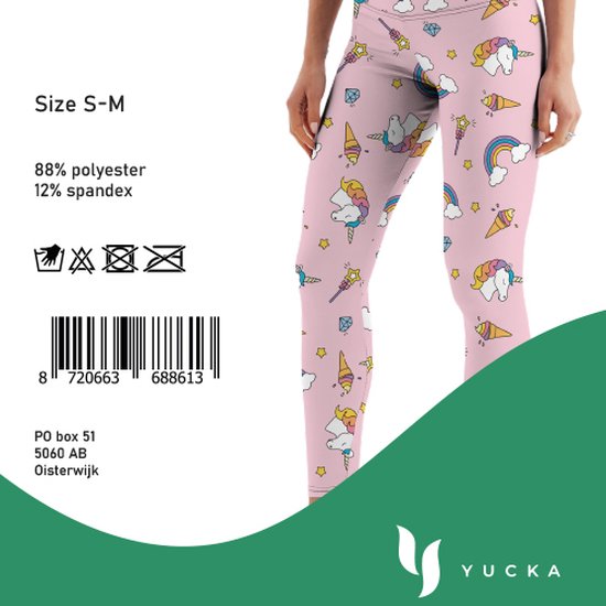 Legging rose avec un imprimé ludique de licornes, glaces, baguettes magiques et arc-en-ciel. Taille S-M.