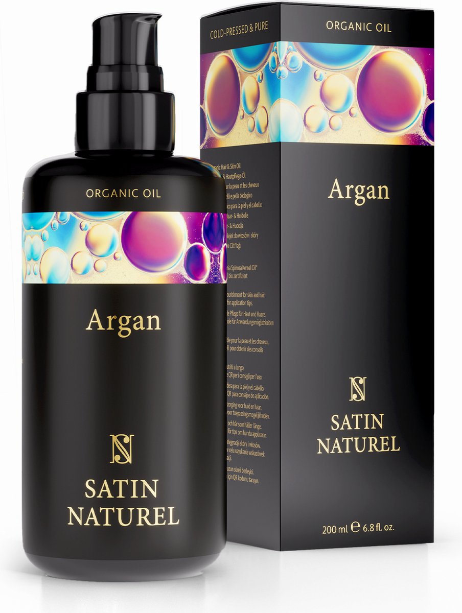 Satin Naturel Bio Haarolie met Arganolie Haar en Hoofdhuid olie voor droog haar Argan olie voor een natuurlijke haargroei en glanzend haar 100% puur en Vegan zowel voor haarverzorging als huidverzorging 200ml