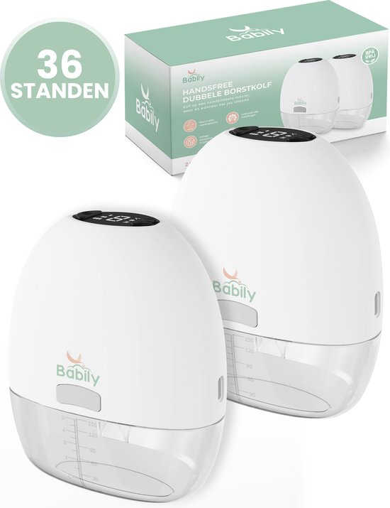 Babily - Handsfree elektrische borstkolf - Draadloze borstkolf dubbel - Incl. 30 Moedermelk bewaarzakjes, 4 Borstmaten & Reiszak