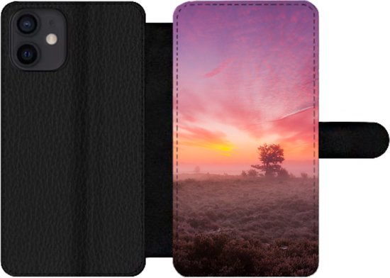 Foto: Bookcase geschikt voor iphone 12 mini telefoonhoesje paarse tinten in nederlands landschap met vakjes wallet case met magneetsluiting