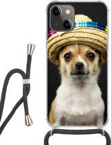 Hoesje met koord Geschikt voor iPhone 13 Mini - Hond - Sombrero - Zwart - Siliconen - Crossbody - Backcover met Koord - Telefoonhoesje met koord - Hoesje met touw