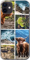 Geschikt voor iPhone 12 mini hoesje - Schotse hooglander - Natuur - Collage - Siliconen Telefoonhoesje