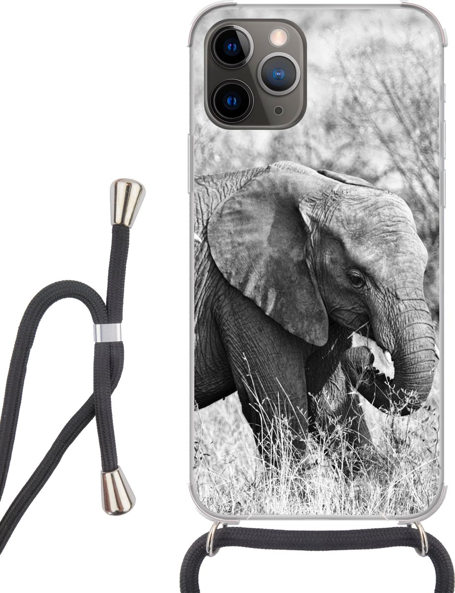 Telefoonhoesje Geschikt voor iPhone 13 Pro Max - Olifant - Dieren - Gras - Zwart wit - Siliconen - Crossbody - Backcover met Koord - Telefoonhoesje met koord - Hoesje met touw Telefoonhoesje