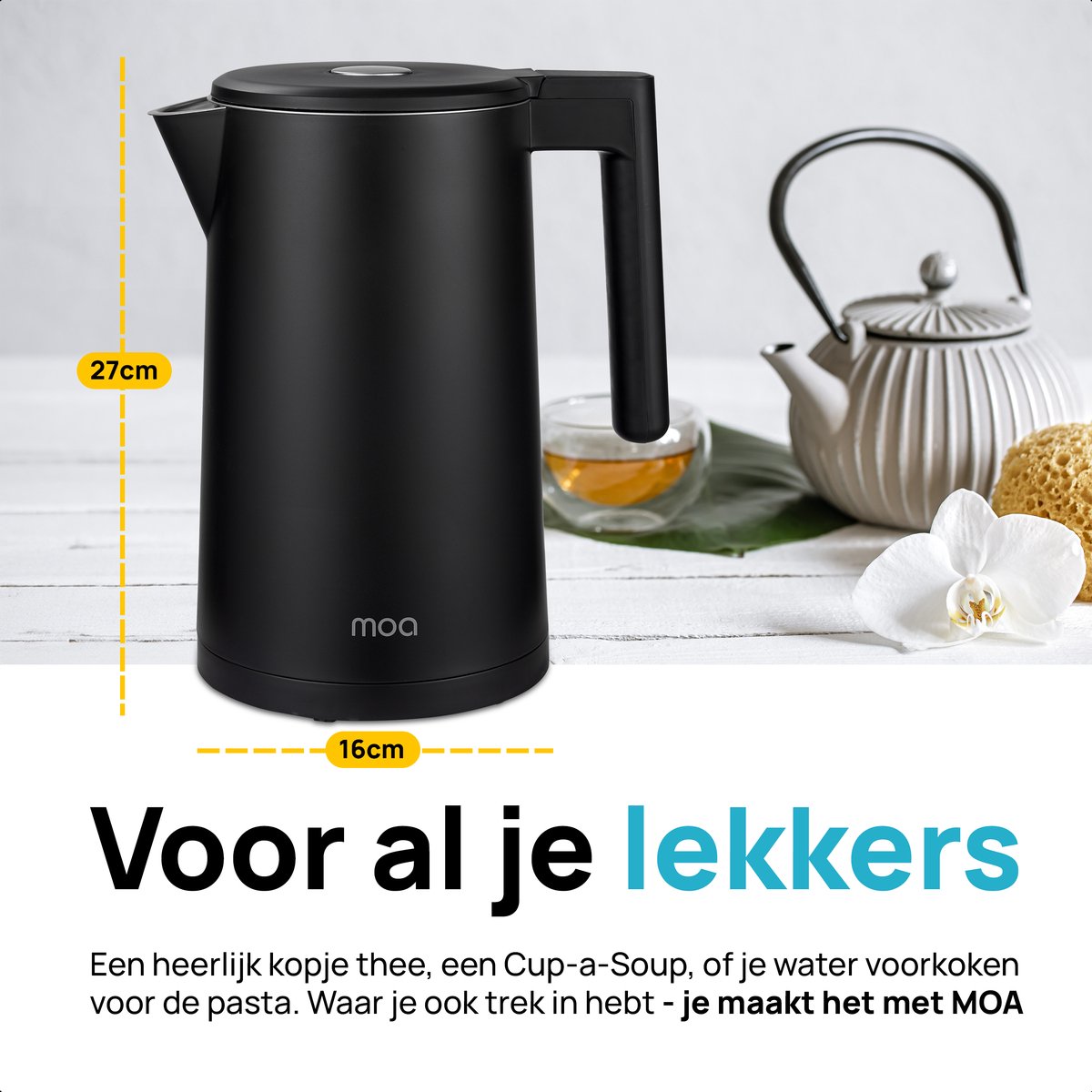 MOA Waterkoker met Temperatuurregeling - 1,7 Liter - Dubbelwandig - PFAS- & BPA-vrij - Warmhoudfunctie - Elektrische Waterkoker - 2200W - Zwart — afbeelding 7
