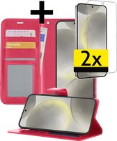 Hoesje Geschikt voor Samsung S24 Plus Hoesje Book Case Hoes Wallet Cover Met 2x Screenprotector - Hoes Geschikt voor Samsung Galaxy S24 Plus Hoesje Bookcase Hoes - Donkerroze