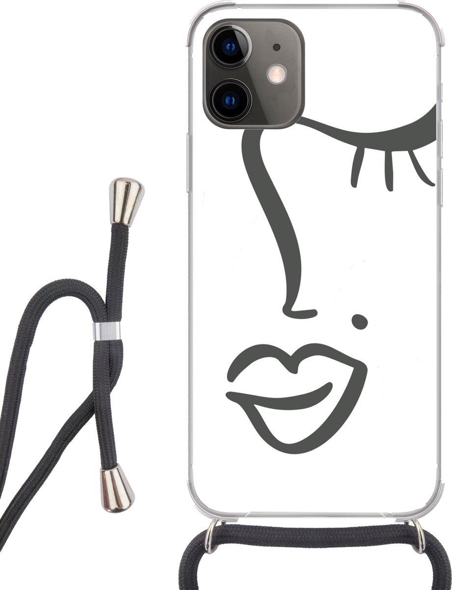 Telefoonhoesje Geschikt voor iPhone 12 Mini - Vrouw - Zwart - Wit - Abstract - Siliconen - Crossbody - Backcover met Koord - Telefoonhoesje met koord - Hoesje met touw Telefoonhoesje