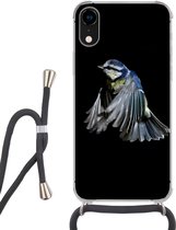 Hoesje met koord Geschikt voor iPhone XR - Vogels - Veren - Zwart - Siliconen - Crossbody - Backcover met Koord - Telefoonhoesje met koord - Hoesje met touw