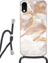Hoesje met koord Geschikt voor iPhone XR - Aquarelverf - Goud - Bruin - Siliconen - Crossbody - Backcover met Koord - Telefoonhoesje met koord - Hoesje met touw
