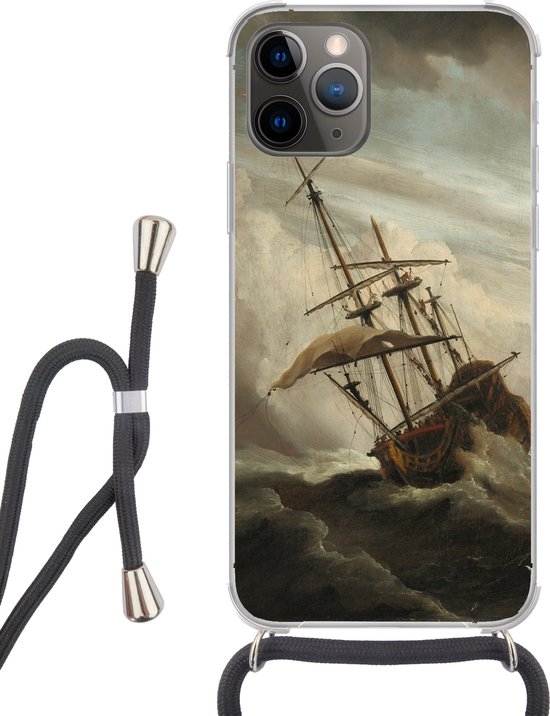 Foto: Hoesje met koord geschikt voor iphone 11 pro max een schip in volle zee bij vliegende storm schilderij van willem van de velde siliconen crossbody backcover met koord telefoonhoesje met koord hoesje met touw