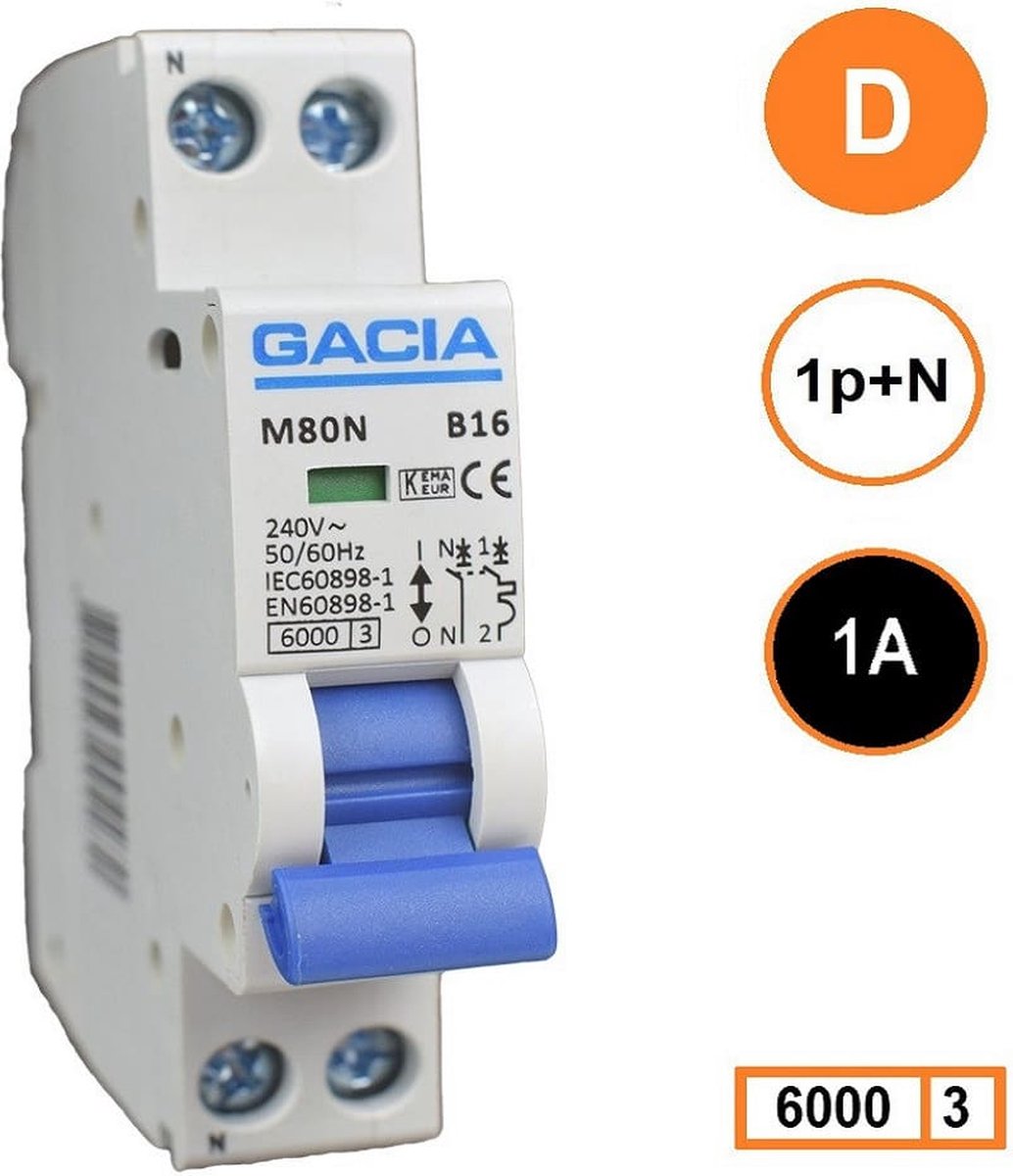 Gacia installatieautomaat 1P+N D1 6KA - M80N-D01
