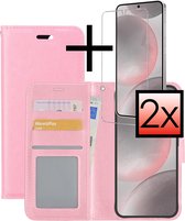 Hoes Geschikt voor Samsung S24 Hoesje Book Case Hoes Flip Cover Wallet Bookcase Met 2x Screenprotector - Lichtroze