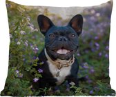 Sierkussen Buiten - Franse Bulldog - Bloemen - Paars - 60x60 cm - Weerbestendig