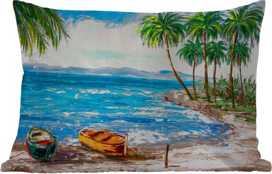 Buitenkussens - Tuin - Schilderij - Olieverf - Strand - Palmboom - Boot - 50x30 cm