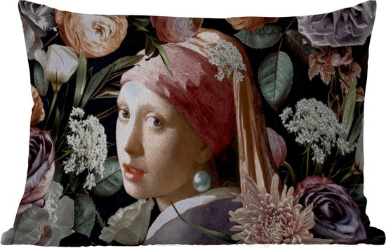 Buitenkussens - Tuin - Meisje met de parel - Bloemen - Vermeer - Pastel - Kunstwerk - Schilderij - Oude meesters - 50x30 cm