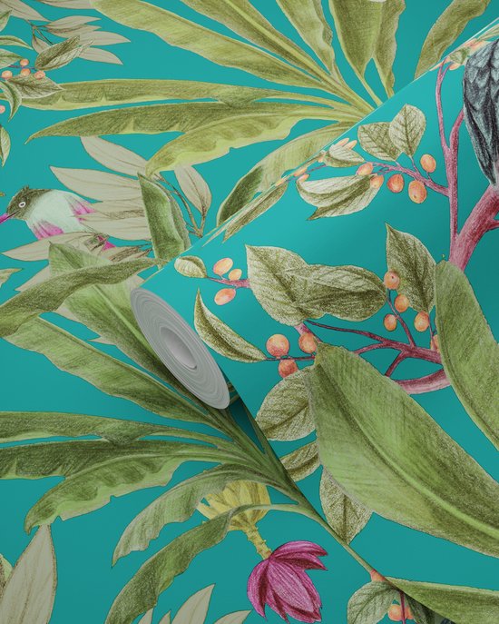 Papier peint ESTAhome feuilles de jungle tropicale et oiseaux de paradis bleu pétrole et vert jungle - 0- 0,53 x 10,05 m