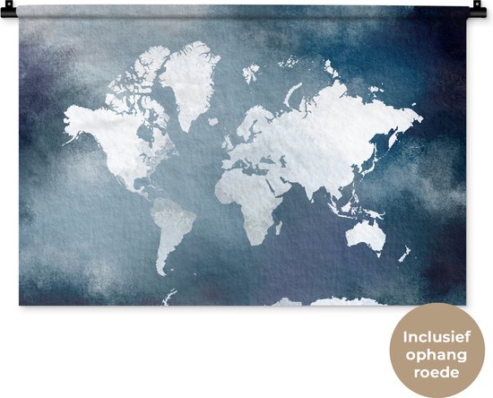 Wandkleed WereldkaartenKerst illustraties - Lichtgekleurde wereldkaart op een achtergrond van blauwe waterverf Wandkleed katoen 90x60 cm - Wandtapijt met foto
