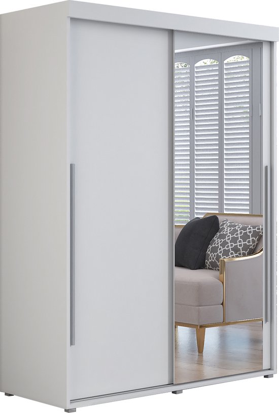 Kledingkast met 2 schuifdeuren - Kledingkast met spiegel - IGA I 150 cm - Wit - Zilveren handgrepen - Interieur met planken en roede