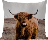 Buitenkussen - Schotse hooglander - Landschap - Koe - Bruin - Dieren - Natuur - 45x45 cm - Weerbestendig