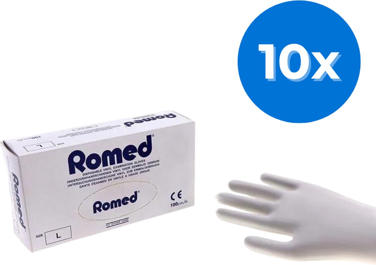 Goedkoopste Romed vinyl handschoenen gepoederd 1000 stuks - Set van 10 doosjes S Romed