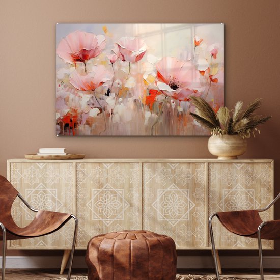 MuchoWow® Glasschilderij 120x80 cm - Schilderij acrylglas - Bloemen - Watercolor - Roze - Abstract - Kunst - Foto op glas - Muurdecoratie woonkamer - Wanddecoratie slaapkamer - Schilderijen