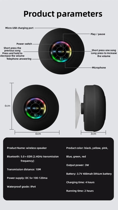 GS Goods douche speaker - Bluetooth Speaker - RGB LED USB - Soundbar Badkamer - Douche Speakers - Muziek - Cadeau - douch - Zwart - GS Goods