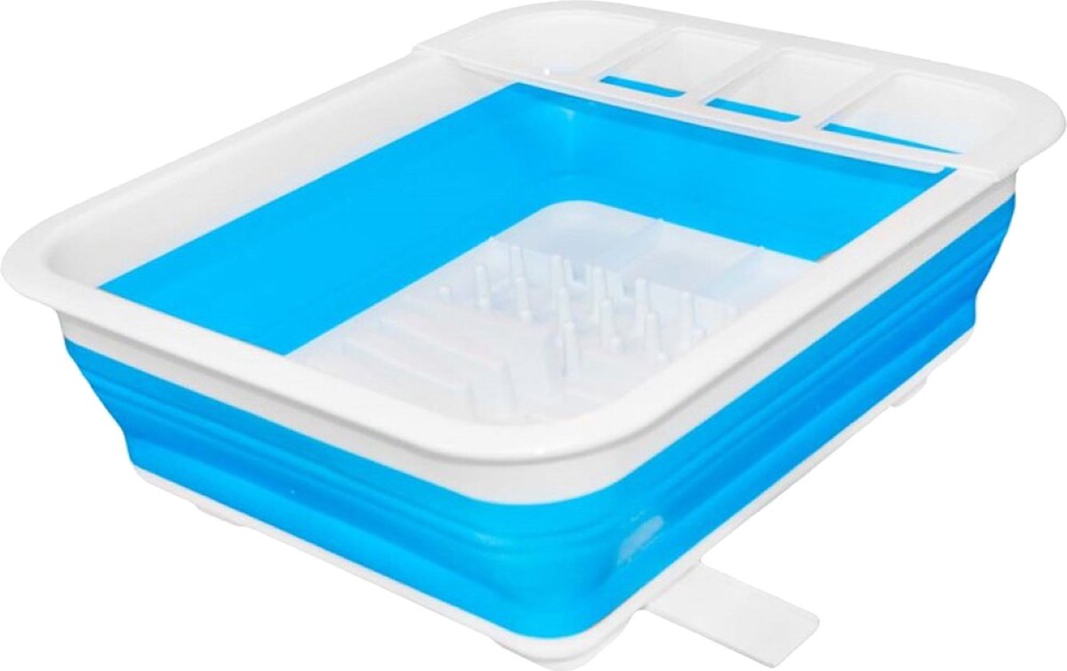 Goedkoopste Concorde Afwas droogrek opvouwbaar met vakjes en afvoer - kunststof - blauw/wit - 31 X 37 X 13 CM - Camping
