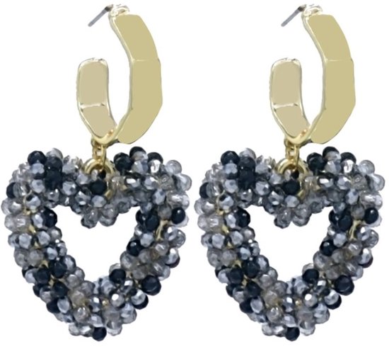 Boucles d'oreilles avec Coeur - Perles de Verre Facettes - Boucles d'oreilles pendantes - 4,5 cm - Grijs