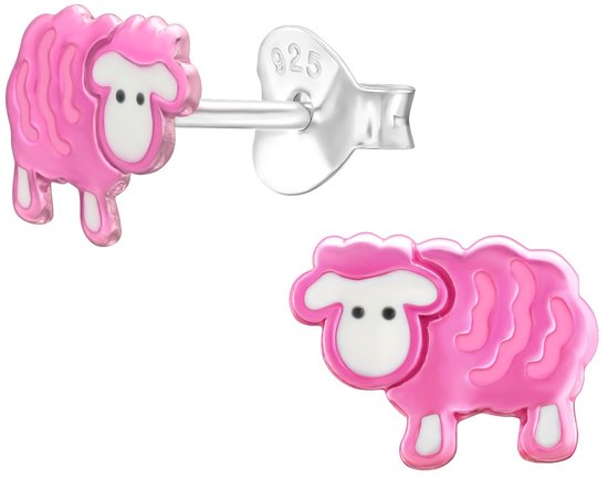 Joy|S - Zilveren schaap oorbellen - roze - 8 x 6 mm - kinderoorbellen