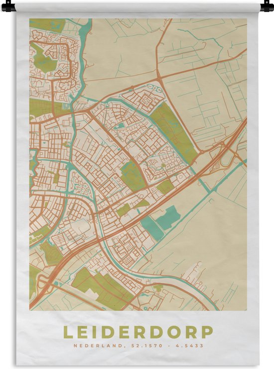 Wandkleed - Wanddoek - Kaart - Vintage - Stadskaart - Leiderdorp - Plattegrond - 60x90 cm - Wandtapijt