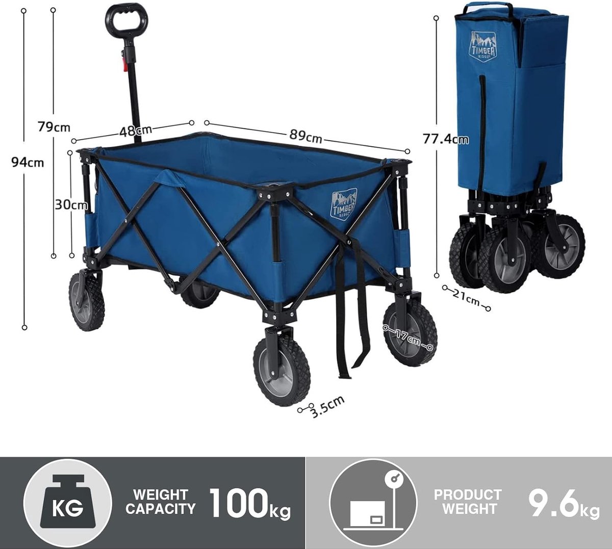 Bolderkar Opvouwbaar Vouwwagen Transportwagen Strandwagen Tuinwagen Groot Voor Alle Soorten Terrein Met Zijvak Bekerhouder (Blauw Normaal wiel)