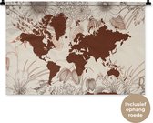 Wandkleed WereldkaartenKerst illustraties - Donkerrode wereldkaart versierd met illustraties van bloemen Wandkleed katoen 90x60 cm - Wandtapijt met foto