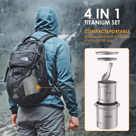 Campingpot - Opvouwbare Campingpannen - Ultralichte Kookpot - met Ophanggreep - Buitenwaterbeker - Keukengerei - voor Picknick - Wandelen - Kamperen - Wandelen - Titanium - Zilver — afbeelding 2