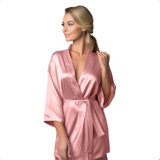 Moondrops - Kimono dames - 100% Satijn - Badjas - S/M/L - One size - Pyjama dames - Cadeau voor vrouw - Roze