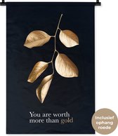 Wandkleed Golden leaves staand - Gouden tak met bladeren met de quote - You are worth more than gold Wandkleed katoen 60x90 cm - Wandtapijt met foto