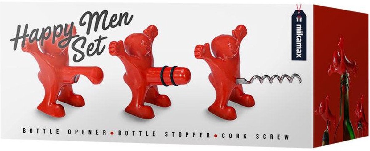 Happy Men Set – Wijn Accessoires - Flesopener - Kurkentrekker - Wijnstopper - 8 x 8,5 x 6 cm - Set van 3 - MikaMax